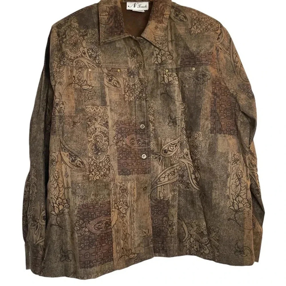 Vintage N Touch Brown Button Up Shirt Jacket Microfiber Patchwork Paisley XL - Picture 1 of 8
